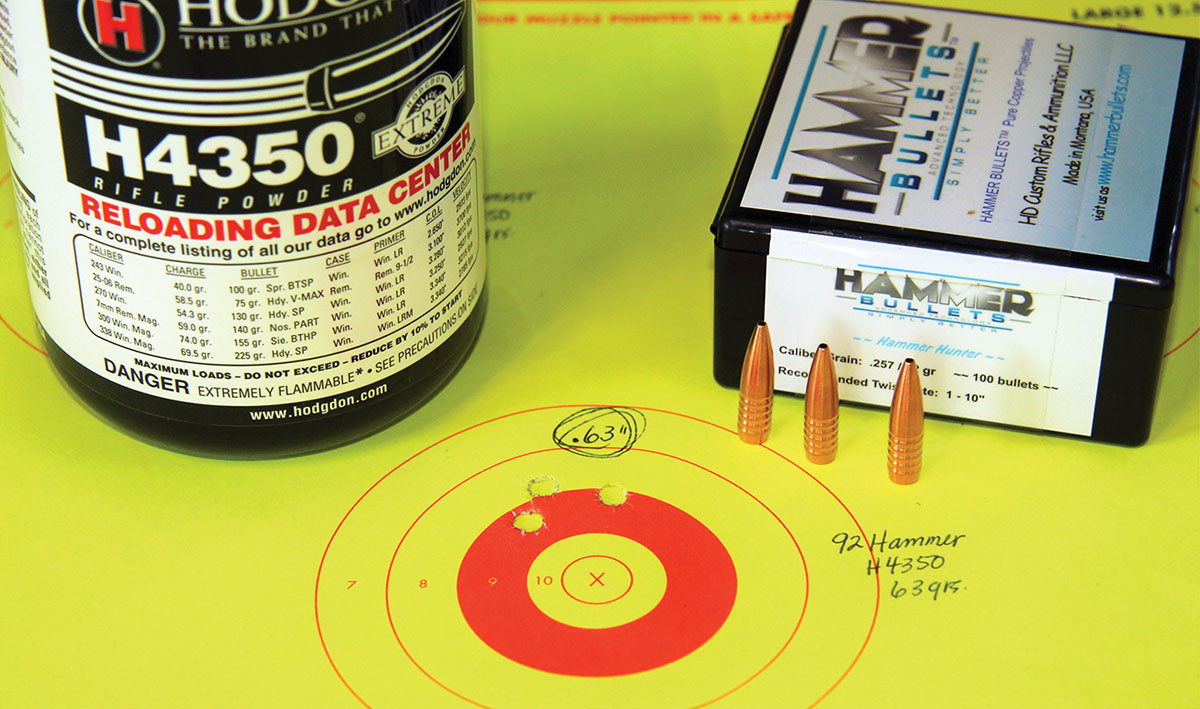 Hammer Bullets’ 92-grain Hammer Hunter did best with 63 grains of Hodgdon H-4350, printing into .63 inch at 3,574 fps.